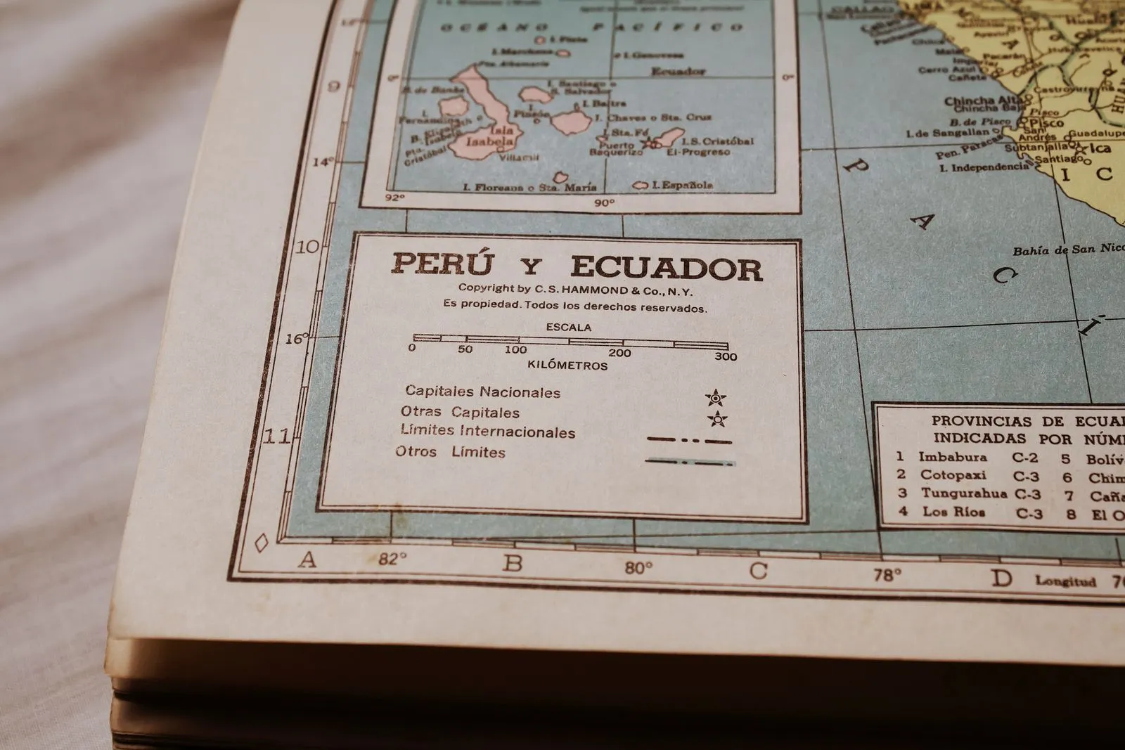 A detailed vintage map showing Peru and Ecuador with provinces and capitals.